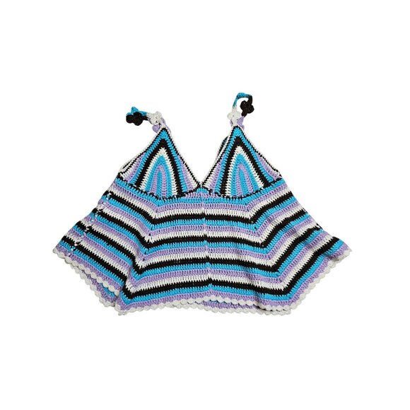 2/$35 POL Crochet Striped V-Neck Babydoll Cropped Boho Hippie Girl Top Women S - Picture 6 of 9